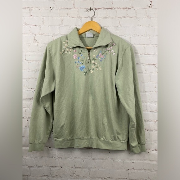 Stephanie K Top Womens Size Large Sage Green Floral Embroidered Long Sleeve Top - Picture 1 of 5